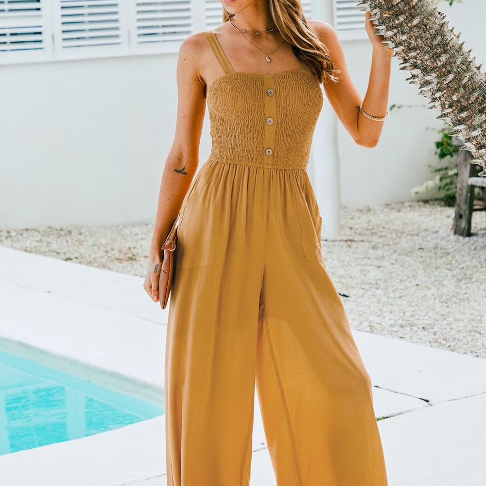 Cupshe Mustard Smocked Wide-Leg Jumpsuit with Buttons